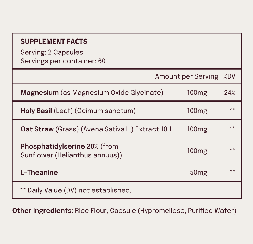 Zen supplement facts. Serving size 2 Capsules. 60 servings per container. Contains Magnesium, Holy Basil leaf, Oat Straw Grass, Phosphatidylserine 20% from Sunflower, and L-Theanine